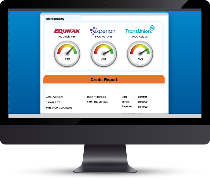 Graphic with credit scores and a dial for each bureau, showing the score quality on a spectrum from red to green. 