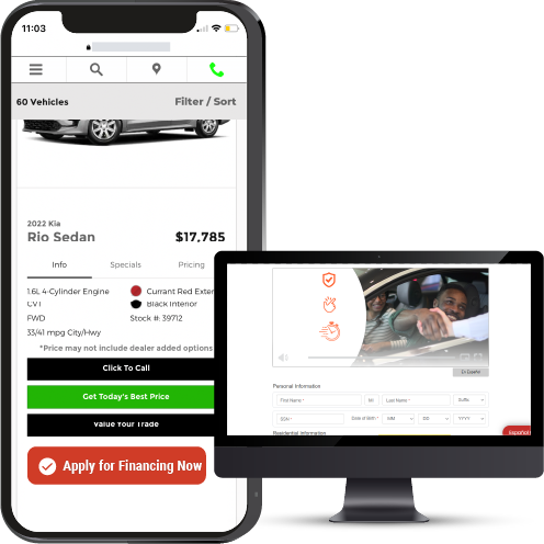 Auto inventory page on a mobile phone, showing "Apply for Financing Now" button 
